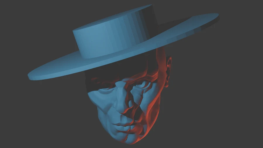3D sculpt render of a face beneath a wide-brimmed hat